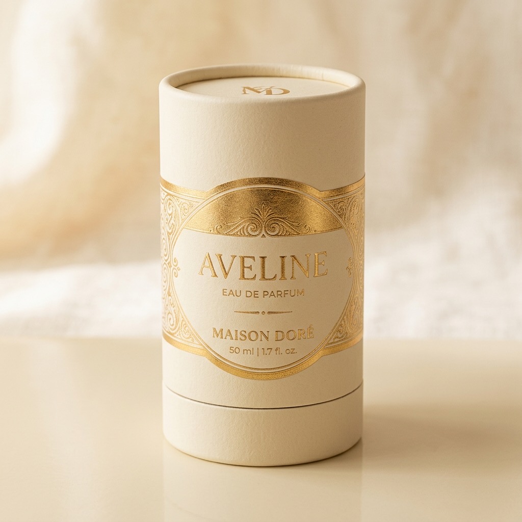 Cream cylinder with ornate gold foil label