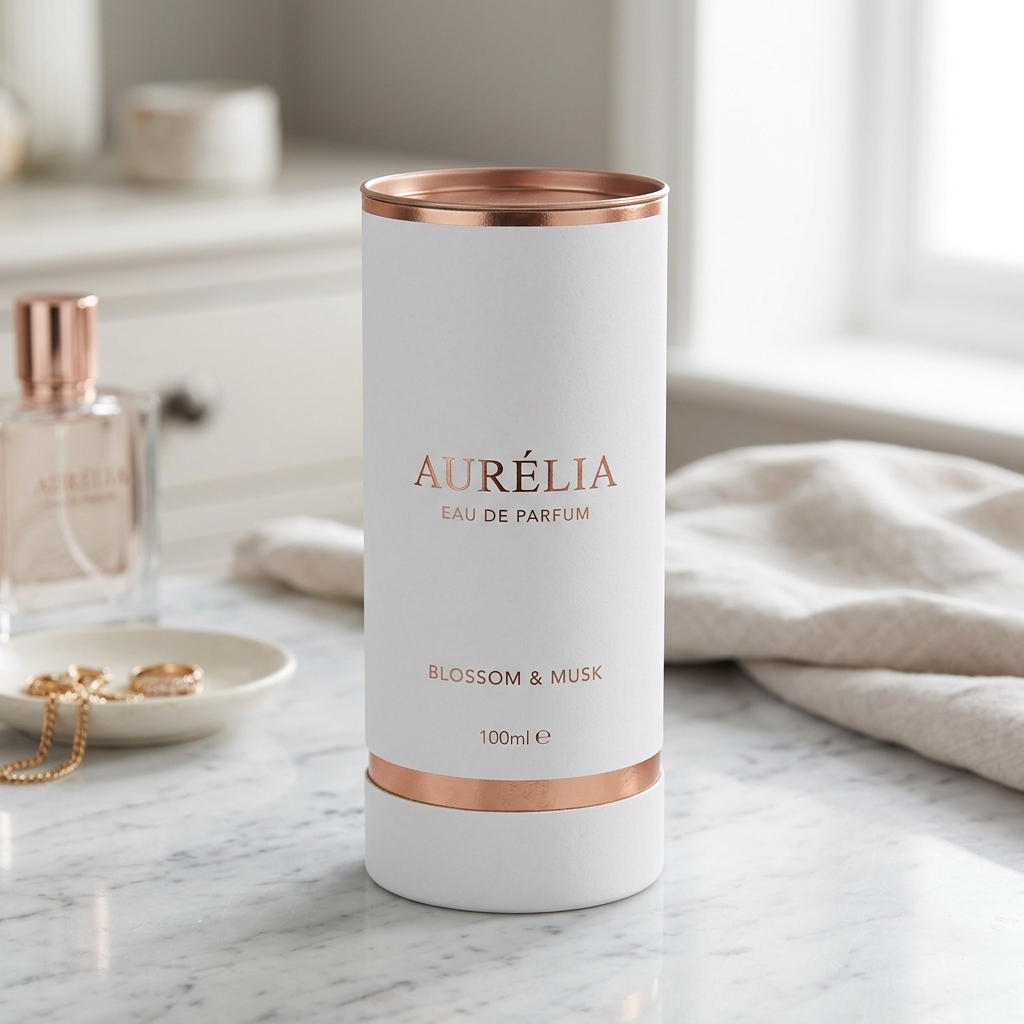 Tall rose gold and white perfume tube